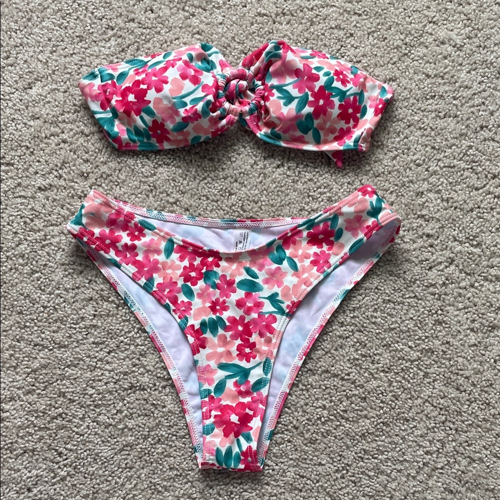 SHEIN Pink Floral Bandeau Bikini Set